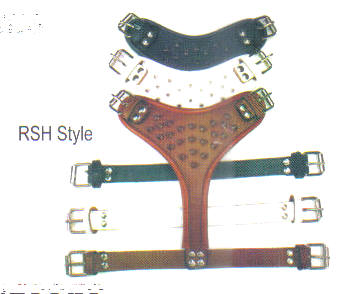 Round Edge 1- Tone Spiked Leather Harnesses By Top Dog. This picture shows 3 harnesses, one black with black edge, one brown with brown edge and one white with a white edge.

